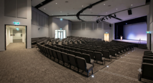 Assembly space with clear exit paths and signage