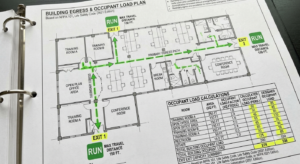 Floor plan with egress paths and occupant load calculations