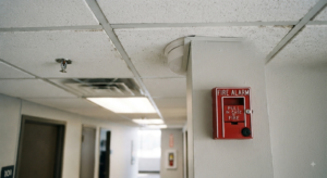 Manual pull station on a commercial building wall