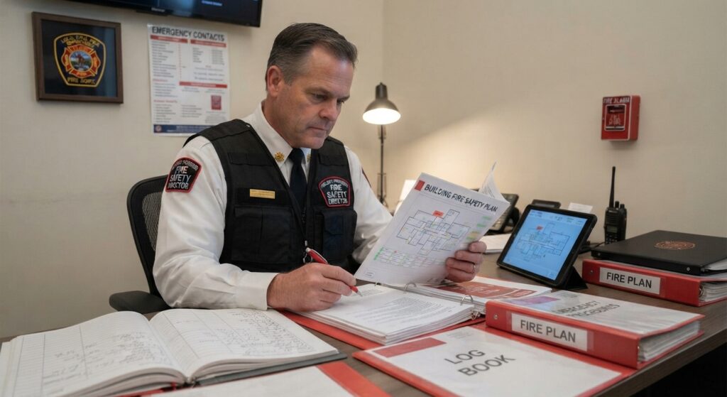 Fire Safety Director reviewing fire safety plans and documentation