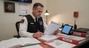 Fire Safety Director reviewing fire safety plans and documentation