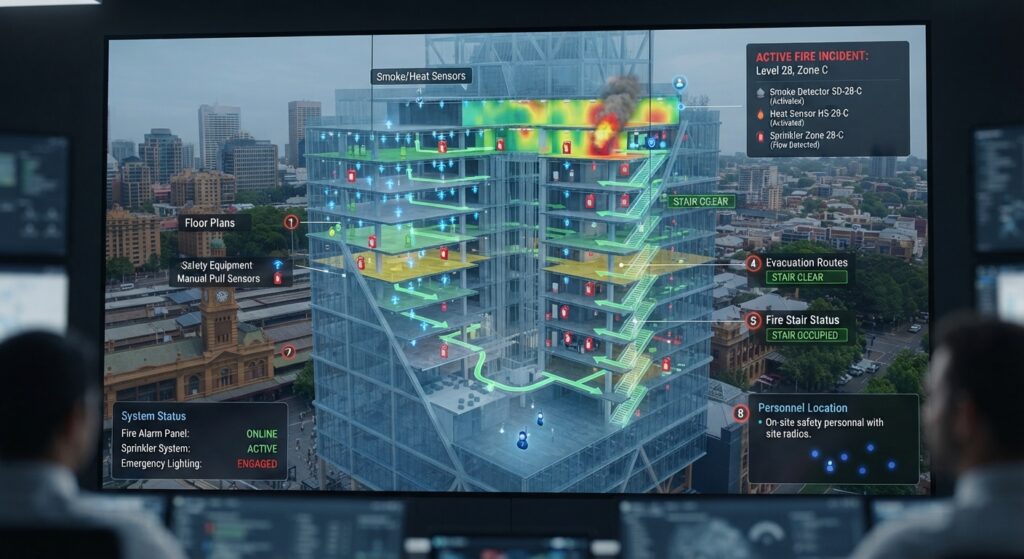 Digital twin visualization of a commercial building with fire safety data overlays