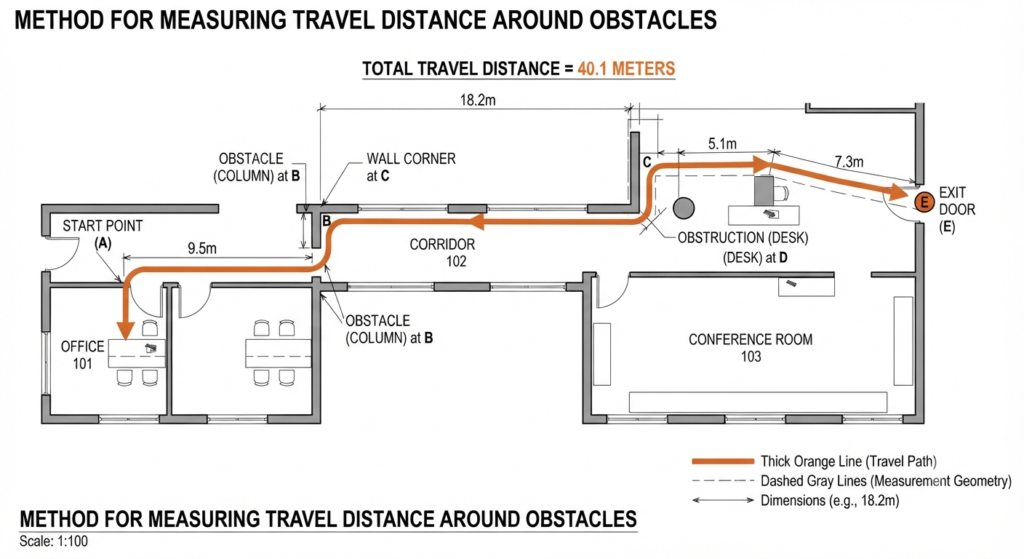 Diagram showing how to measure travel distance around walls and obstacles