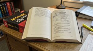NFPA 101 code book open to the hazard classification section