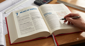 NFPA 101 code book open to the means of egress section