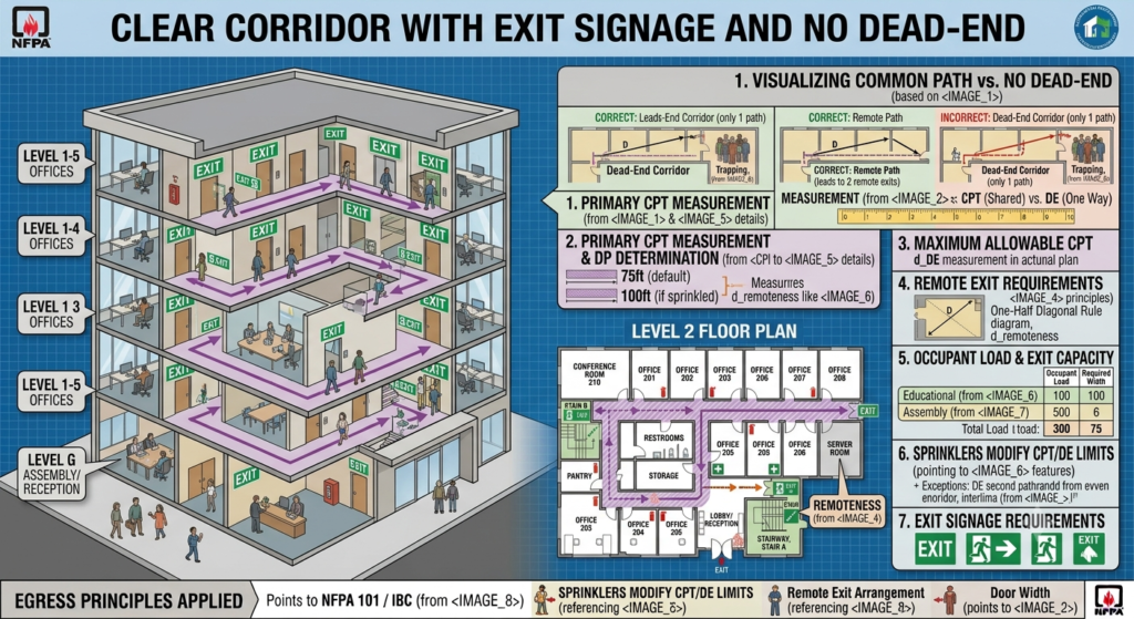 Clear corridor with exit signage and no dead-end
