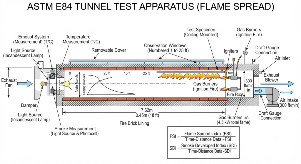 Diagram showing flame spread testing (tunnel test)