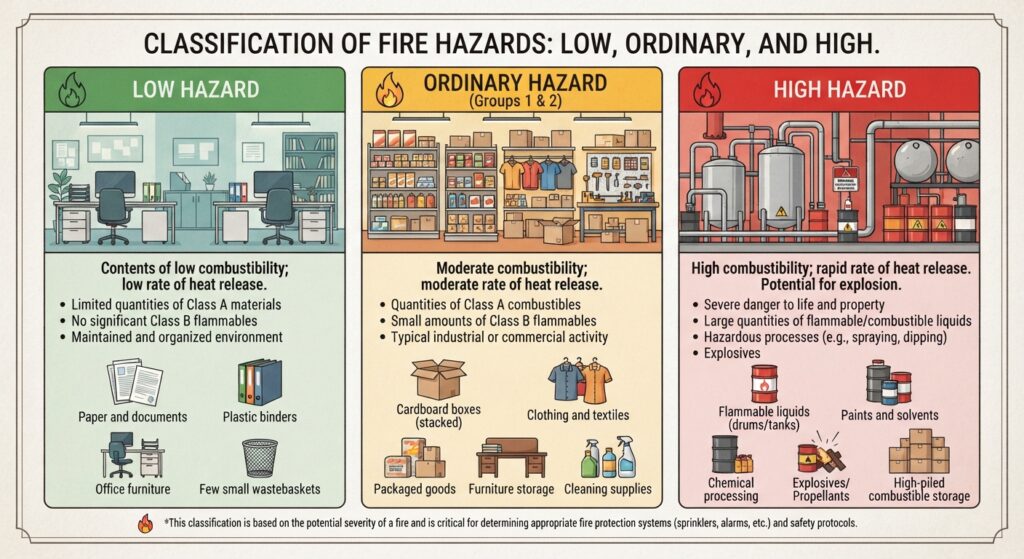 Diagram showing low, ordinary, and high hazard classifications with examples