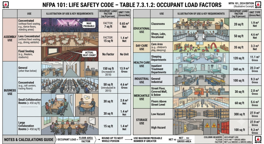 NFPA 101 Table 7.3.1.2 showing occupant load factors