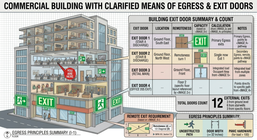 Commercial building with multiple exit doors clearly marked