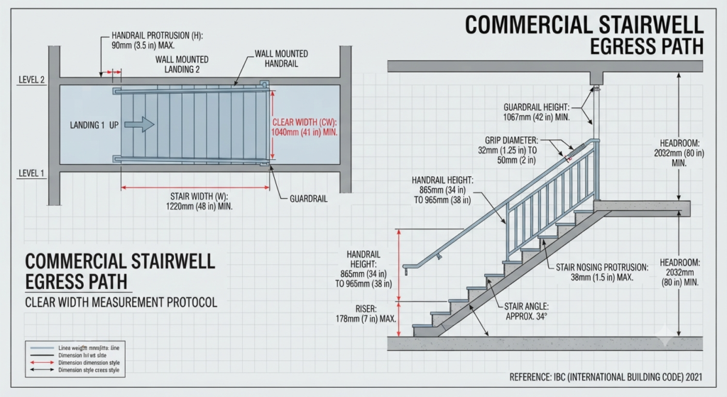 Commercial stair with handrails and clear width marked