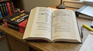 NFPA 101 code book open to Table 6.1.14.4.1