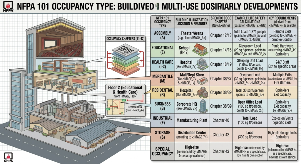 Different building types representing various NFPA 101 occupancies