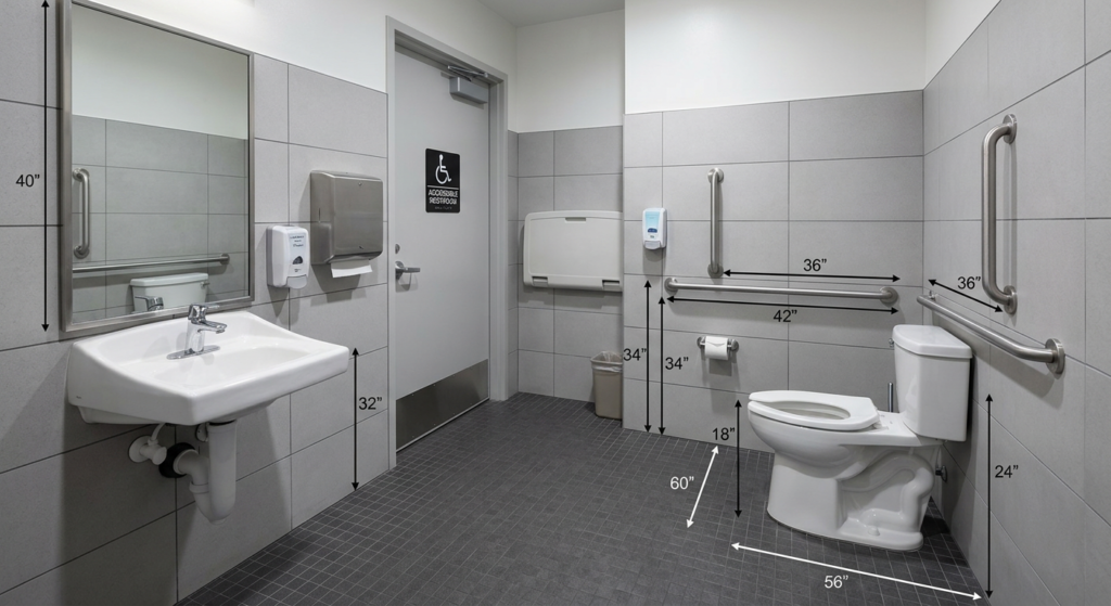 Accessible restroom with grab bars