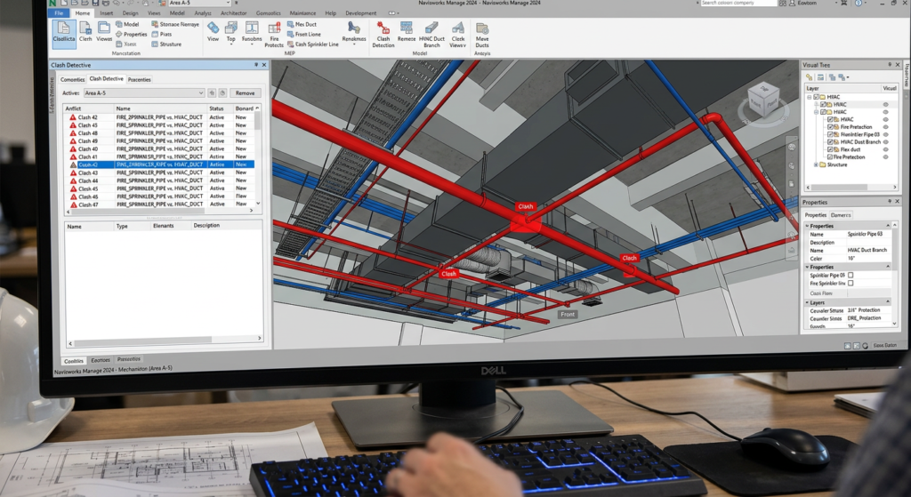 BIM clash detection screen showing fire sprinkler conflicts with HVAC ducts