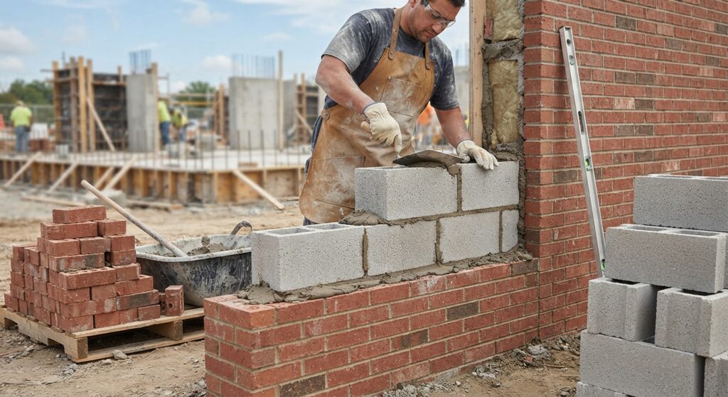 Brick and concrete masonry wall under construction