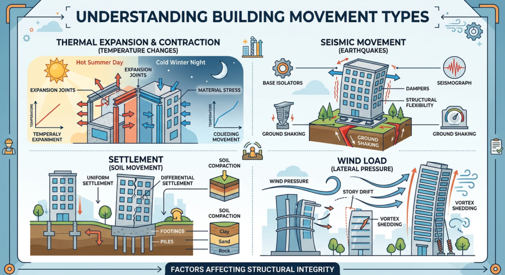 Diagram showing various building movement types including thermal expansion, seismic, and settlement