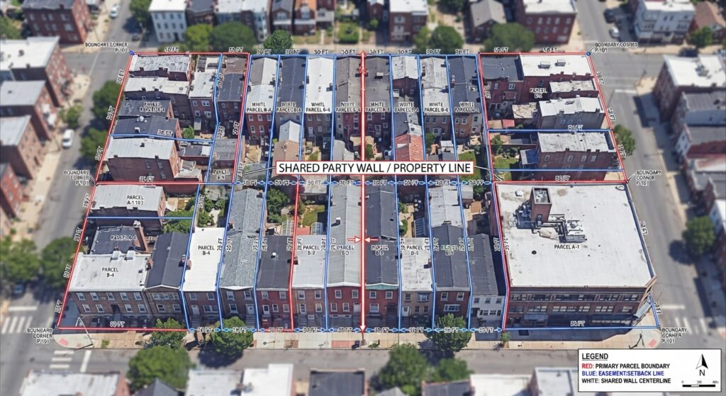 Aerial view of commercial buildings close together showing property lines