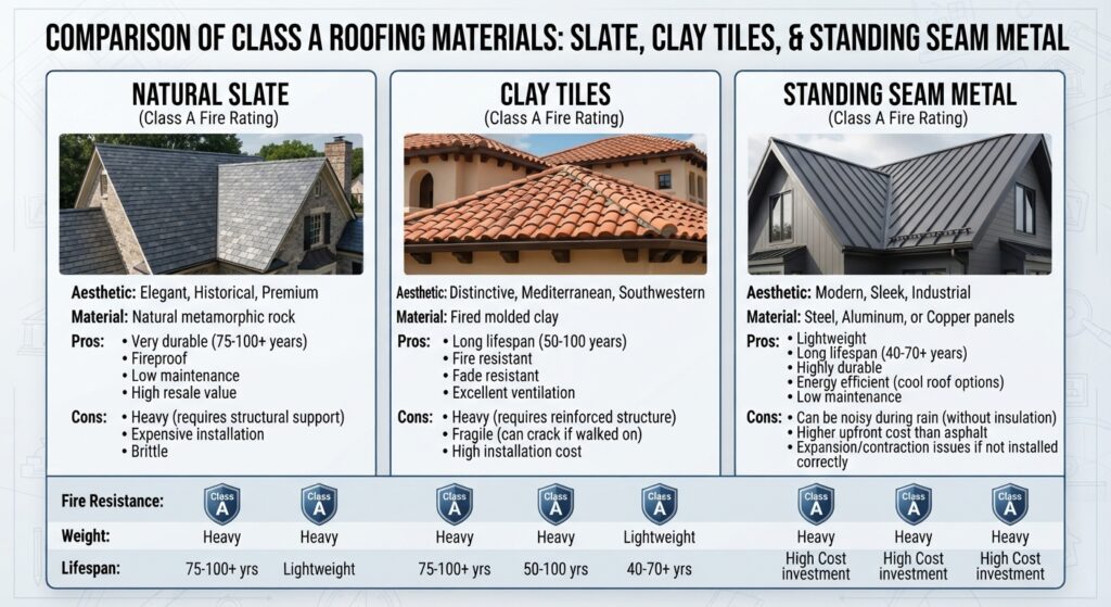 Comparison of Class A roofing materials including slate, clay tiles, and standing seam metal.