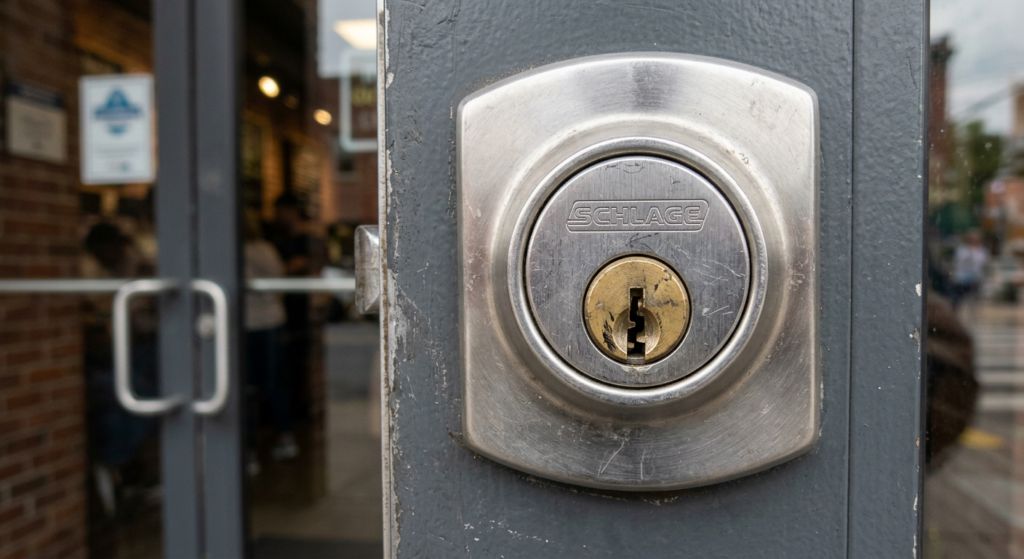 Close-up of a keyed lock cylinder on a commercial door.
