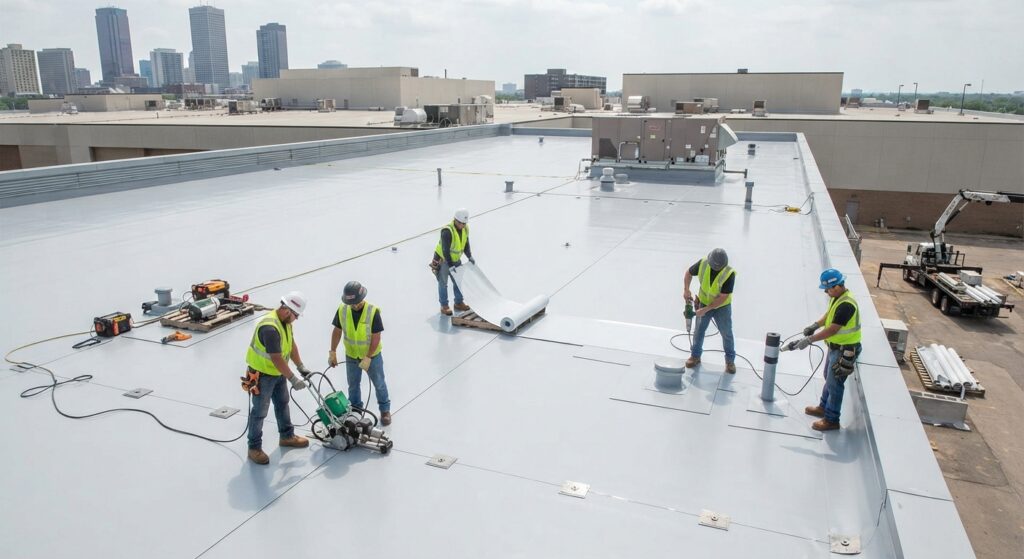 Crew installing a single-ply membrane roof on a large commercial building.