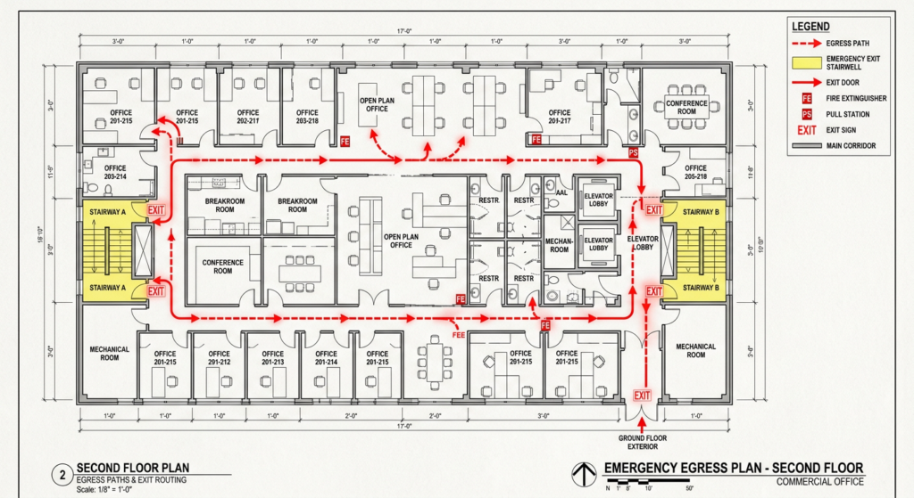 Floor plan with egress paths marked
