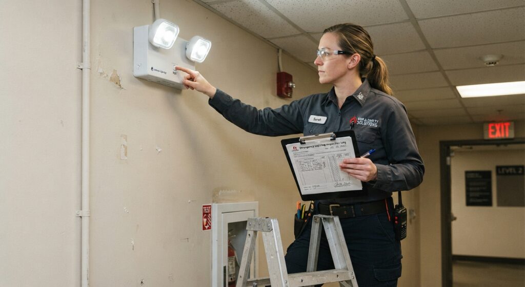 Technician inspecting an emergency light with a clipboard and inspection log
