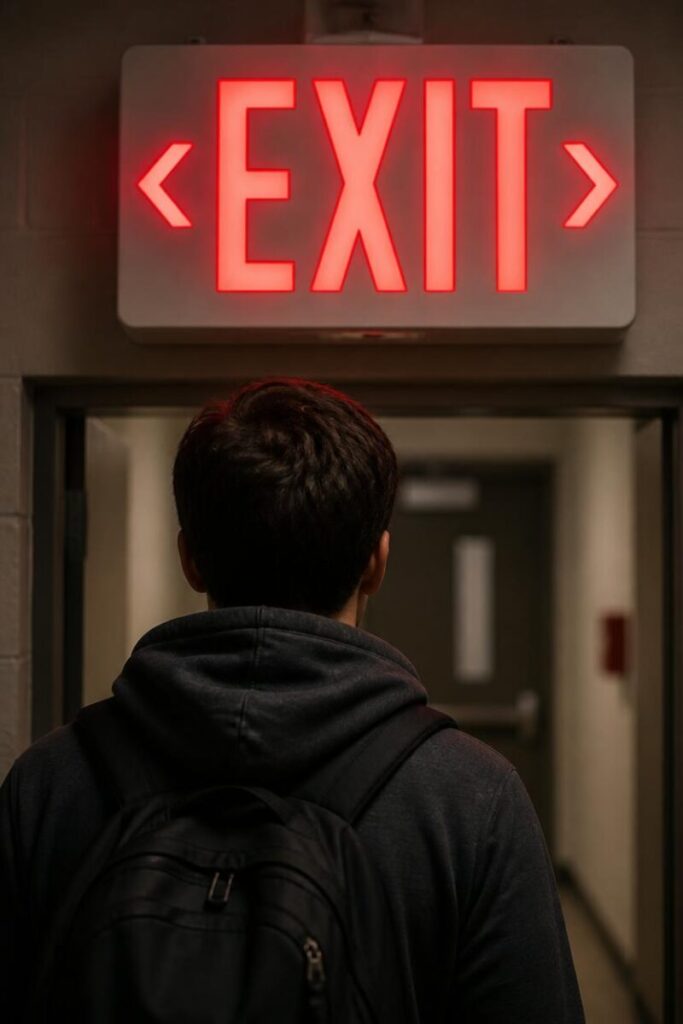 Close-up of a red EXIT sign with directional arrow