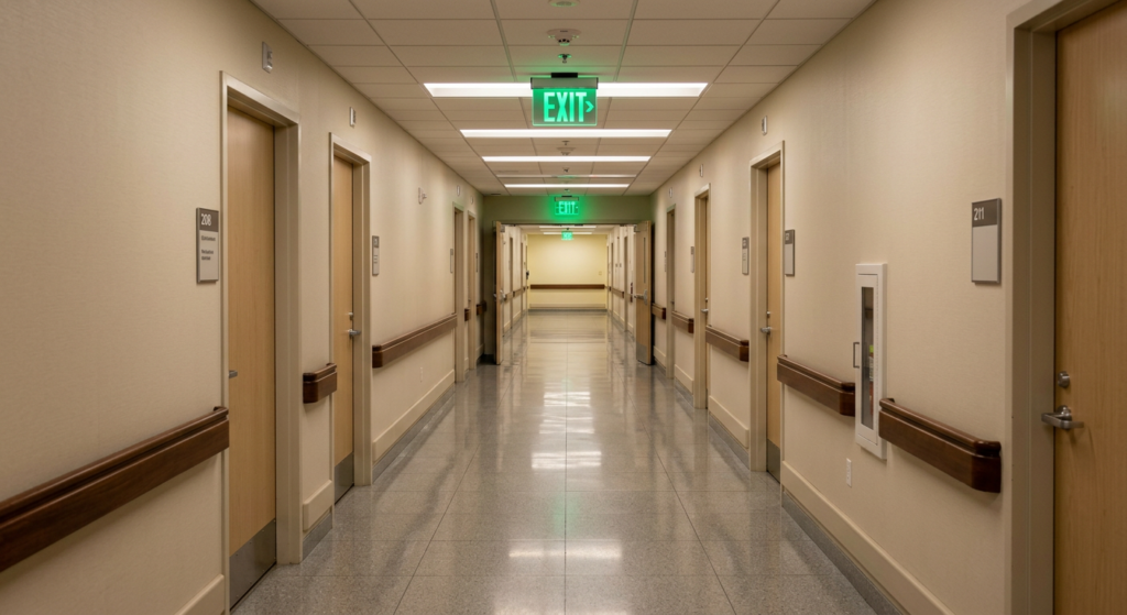 Illuminated exit sign in a clear corridor