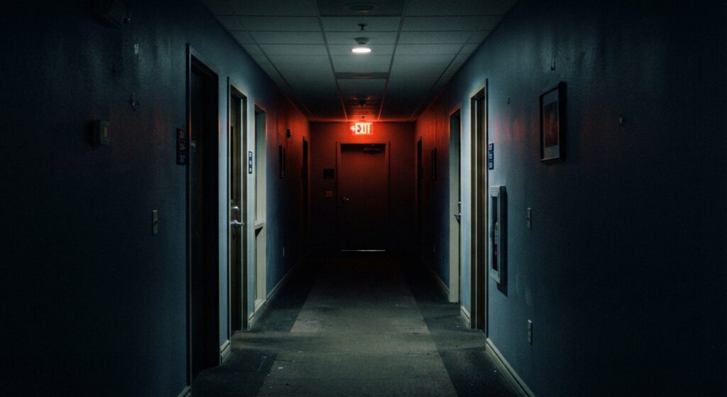 Dark commercial corridor with illuminated exit sign at the end