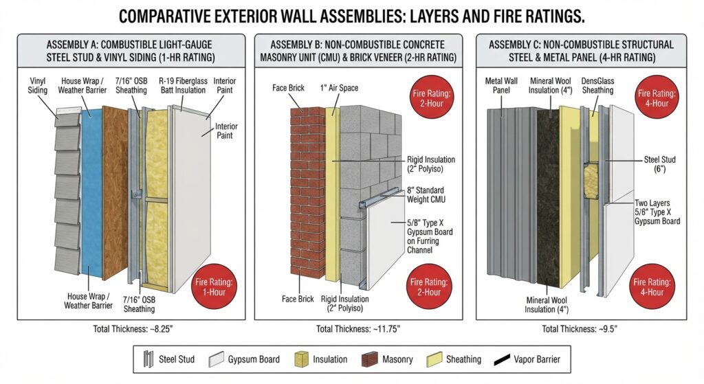 Cross-section diagram of different exterior wall assemblies showing layers and fire ratings