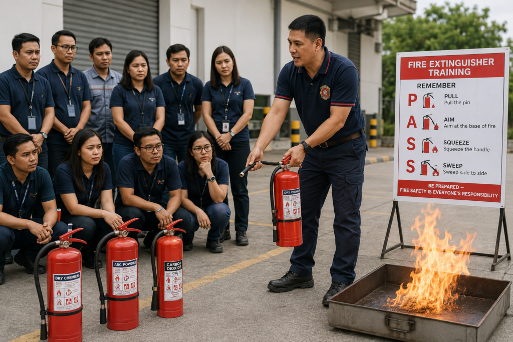 Employees participating in fire extinguisher training
