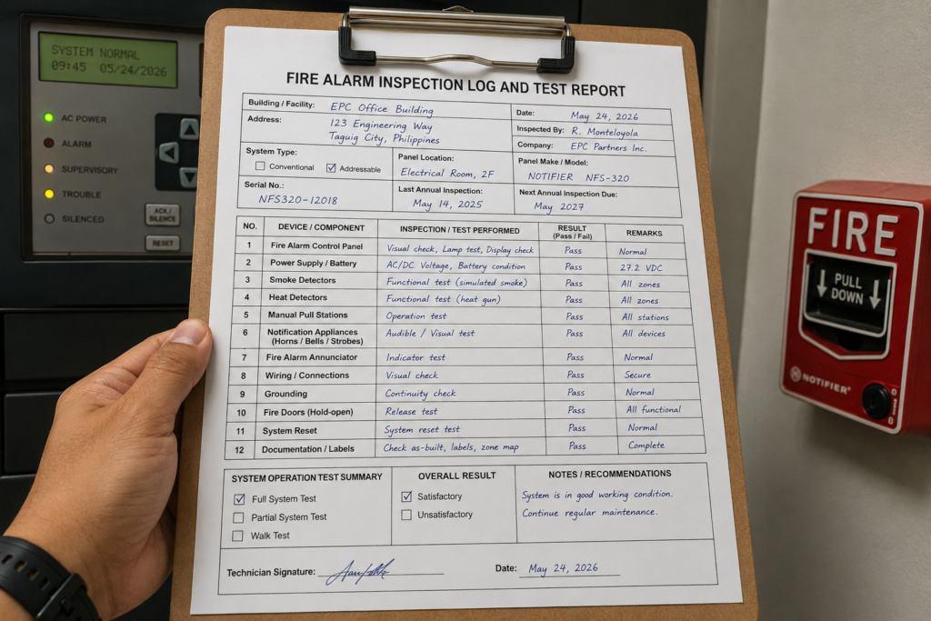 Fire alarm inspection log and test report on a clipboard
