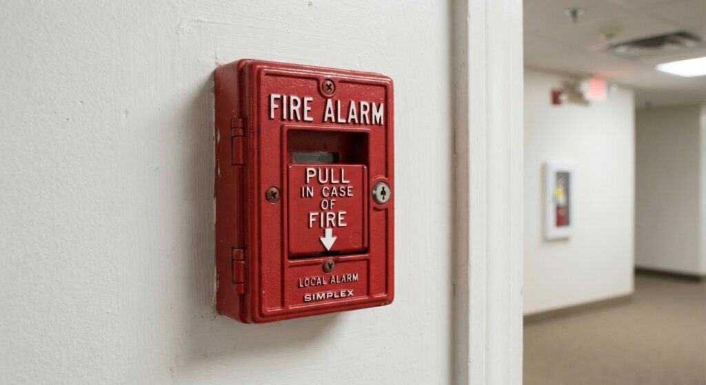 Manual pull station on a commercial building wall
