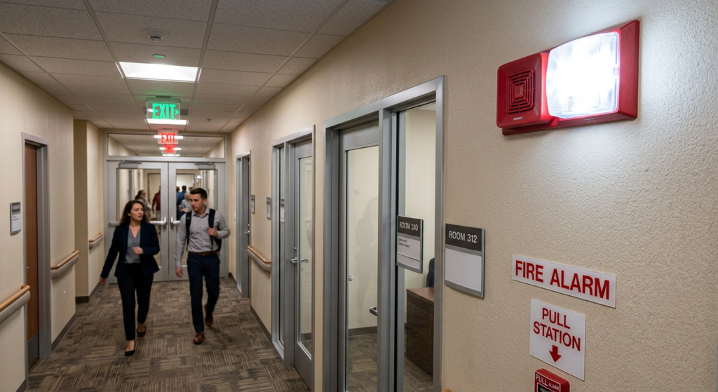 Fire alarm strobe and horn on a commercial building wall