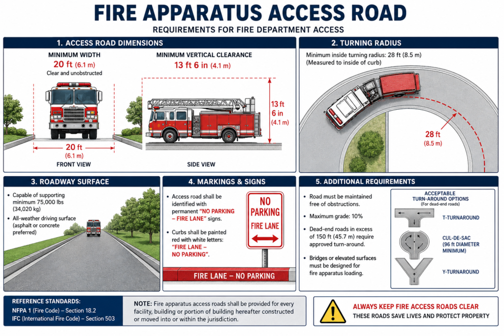 Diagram showing fire apparatus access road dimensions, width, height, and markings