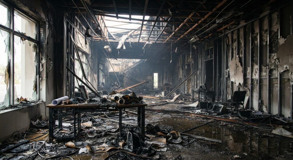 Fire-damaged commercial building interior