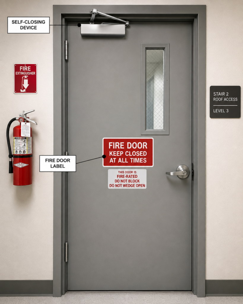 Fire door with self-closing device and label