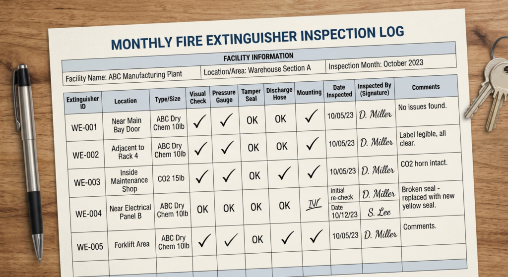 Sample fire extinguisher inspection form showing completed entries