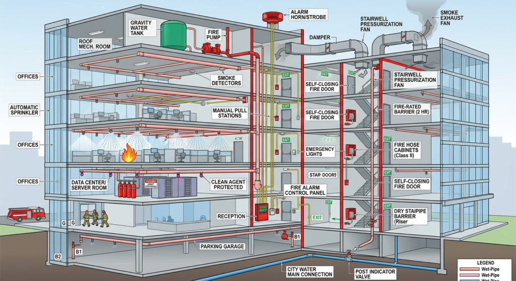 Fire protection systems in a commercial building