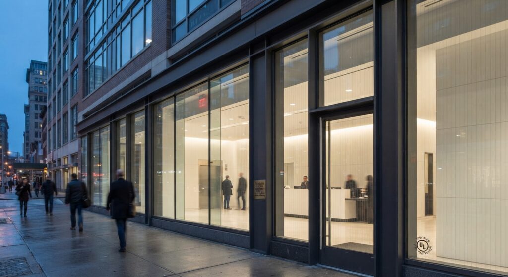 Fire-rated glass installed in a commercial building storefront