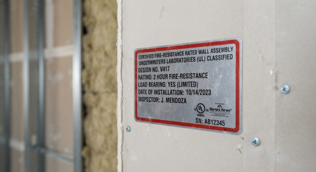 Close-up of a fire-resistance rating label on a building wall assembly