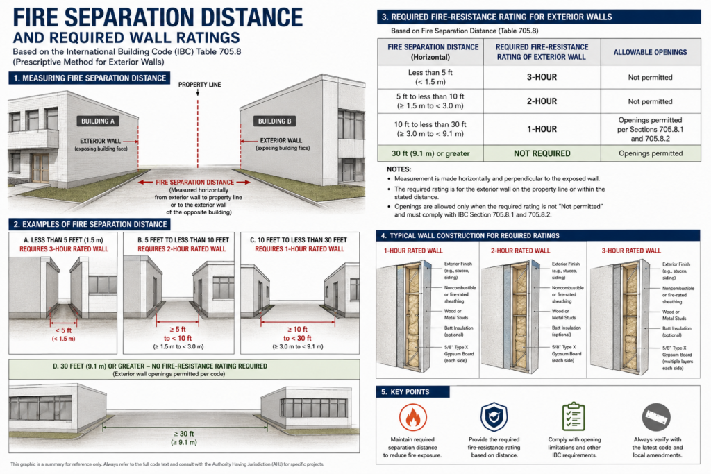 Diagram showing fire separation distance and required wall ratings