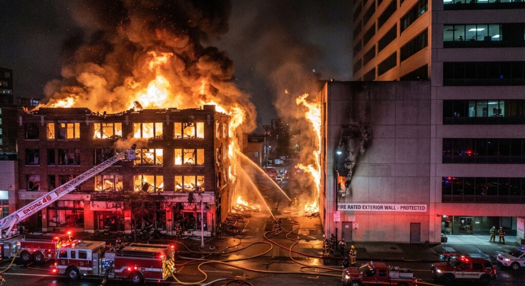 Illustration showing fire spreading between two commercial buildings