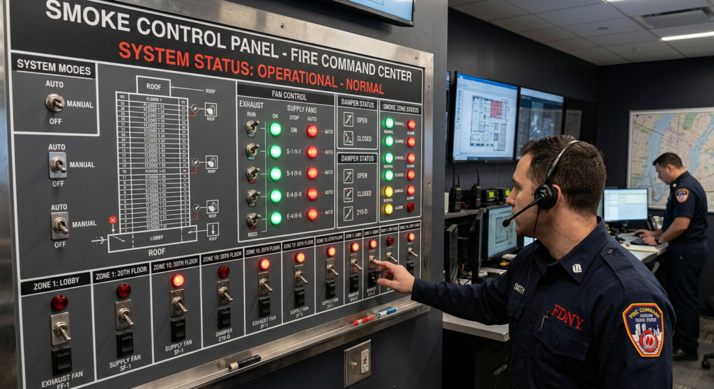 Firefighter smoke control panel in a fire command center