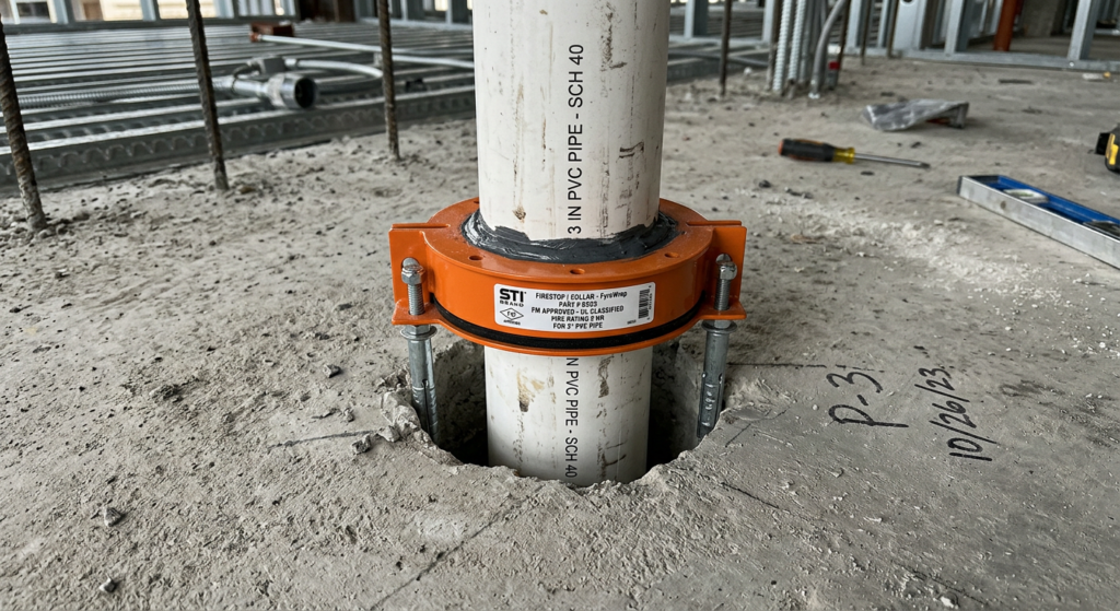 Firestop collar installed around a plastic pipe penetrating a concrete floor