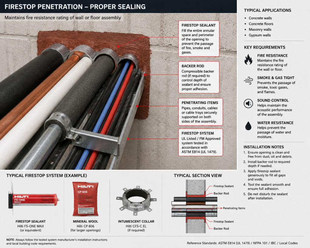 Firestop penetration with proper sealing