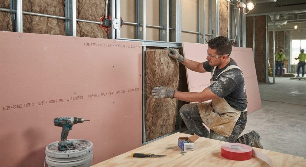 Fire-rated gypsum board and mineral wool insulation installation