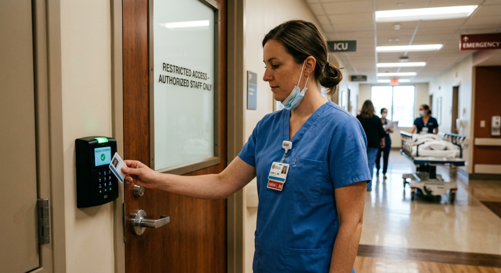 Healthcare staff member using an access control panel for secured doors.