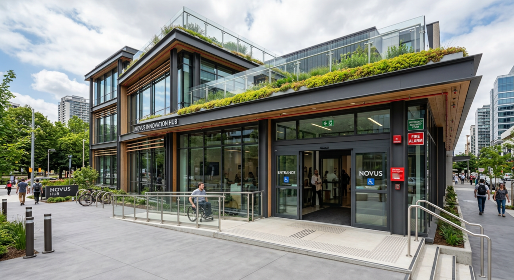 A modern commercial building with accessible entrance, green roof, and visible safety features